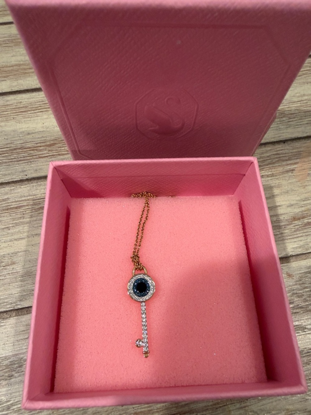 Swarovski Gold Key Necklace with Blue Center and Clear Crystals